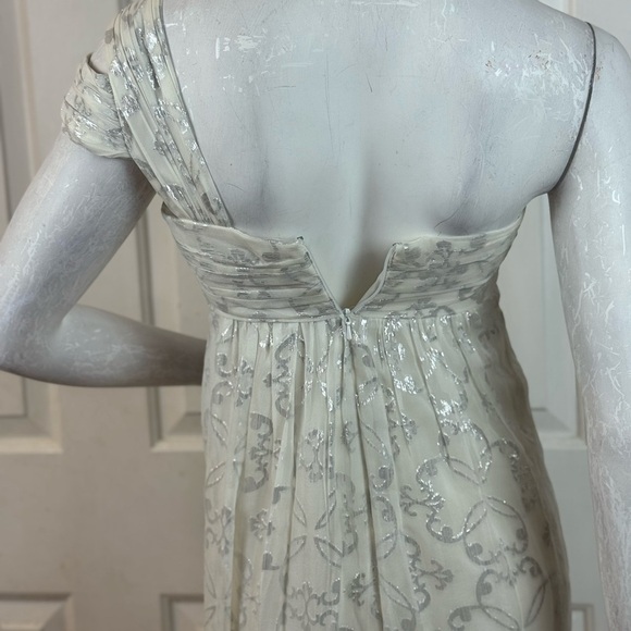 Nicole Miller Silk One Shoulder Dress Maxi 10 Long Foil Silver White Gown Size 2 - Picture 3 of 16